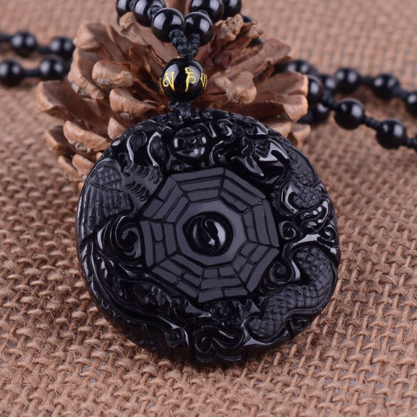 Women Black Reiki Dragon Phoenix Carved Obsidian Necklace Lucky Pendant BaGua