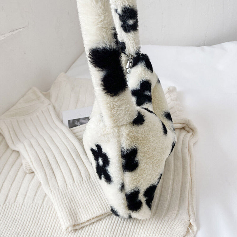 Animal Pattern Shoulder Underarm Bag Women Plush Top-handle Handbag (1)