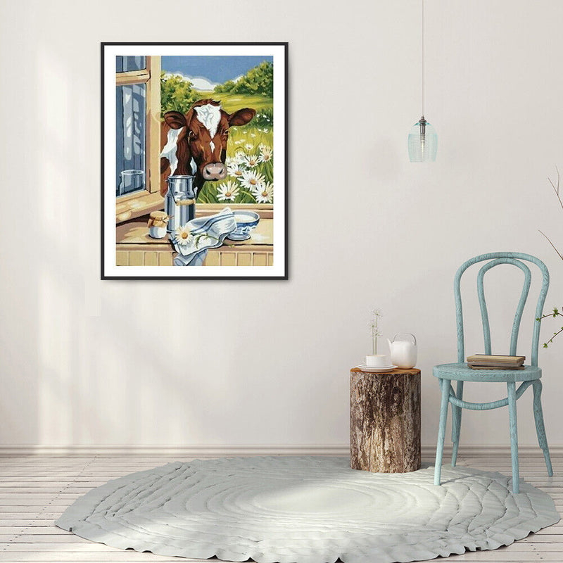 DIY Diamond Painting Window Cow Full Round Drill Mosaic Art Picture Decor Gift