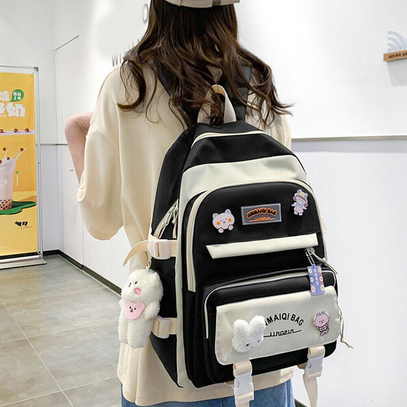 #A 5pcs Canvas Backpacks Hit Color School Book Pack Pencil Bag Travel Work Bagpa