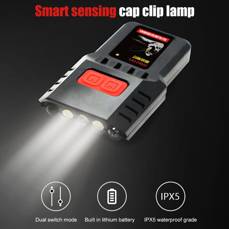 LED Smart Wave Sensor Headlamp Waterproof 200lm Clip-on Baseball Cap Head Torch
