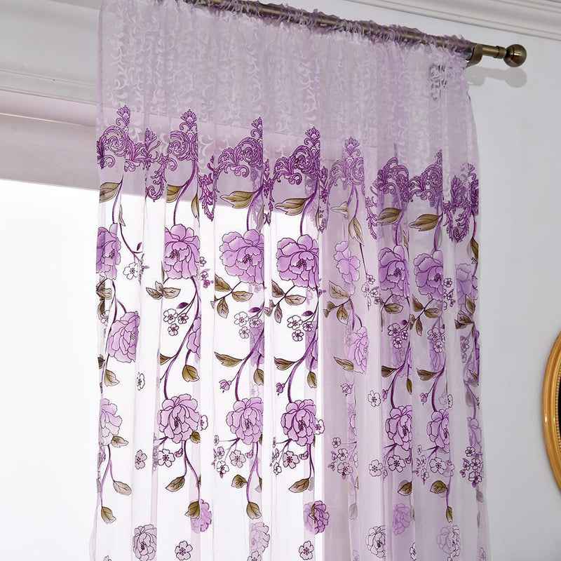 Peony Flower Offset Printing Curtain Yarn Tulle Curtain for Decor(Purple)