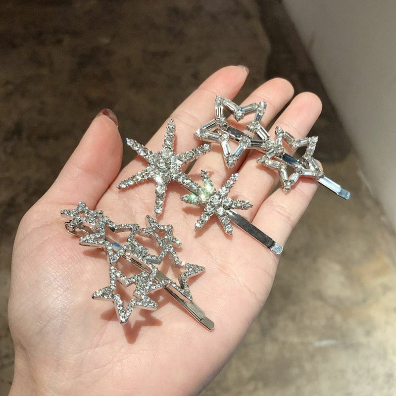 Women Pentagram Headwear Star Shiny Metal Hairgrip Rhinestone Crystal Hair Clip