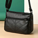 Women PU Leather Thread Messenger Bag Zipper Crossbody Bag (Black 2)