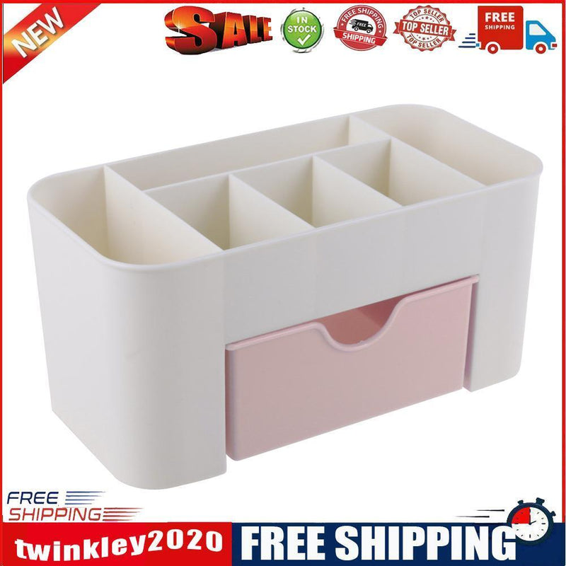 Desktop 6 Grid Makeup Organizer Storage Cosmetic Case with Drawer(Pink)