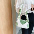 Fashion Women Flower Heart Printing Plush Shoulder Bag Tote Handbag (Green)