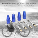 4pcs Presta Valve Stem Caps+ 4pcs Valve Cores+ Wrench Tool Kit (Blue) Newly
