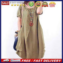 Solid Color Pleated O Neck Dress Button Women Short Sleeve Casual Loose Dresses