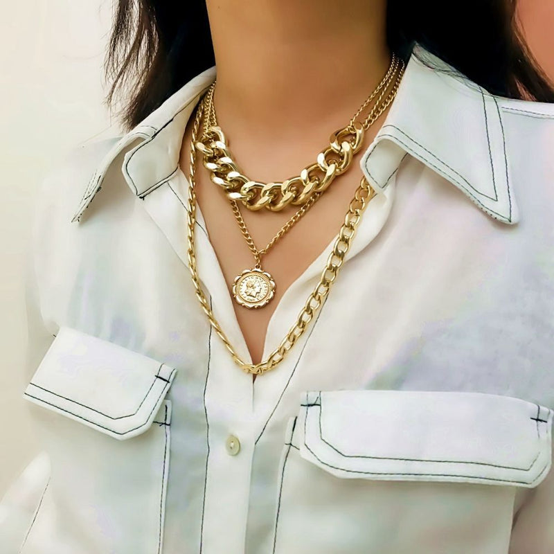 Exaggeration Women Punk Choker Coin Pendant Necklace Long Chain Multi-layer