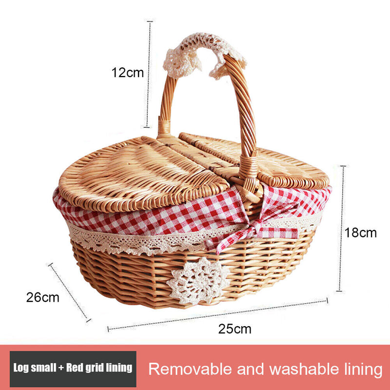 Small Picnic Wicker Basket Camping Fruit Food Rattan Hamper (Red Lattice) Newly