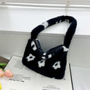 Women Flower Heart Shoulder Bag Fashion Plush Small Handbags (Black Flower)