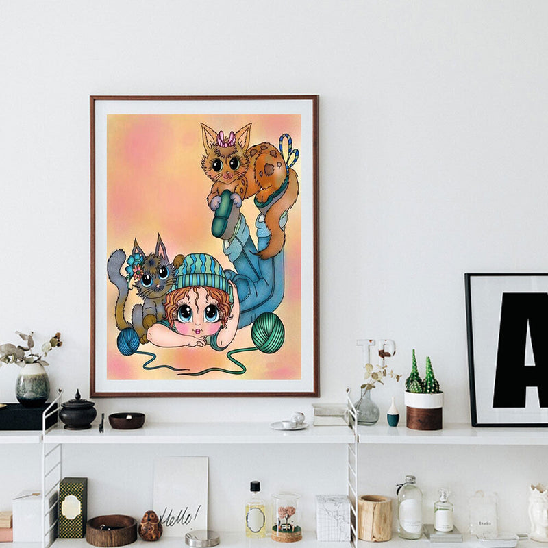 5D DIY Diamond Painting Kits Full Round Drill Playful Cat Girl Meuse