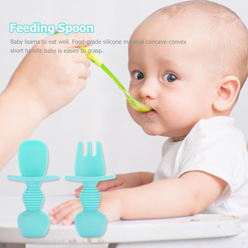 Baby Silicone Training Feeding Spoon Toddlers BPA-free Tableware (Cyan) Newly