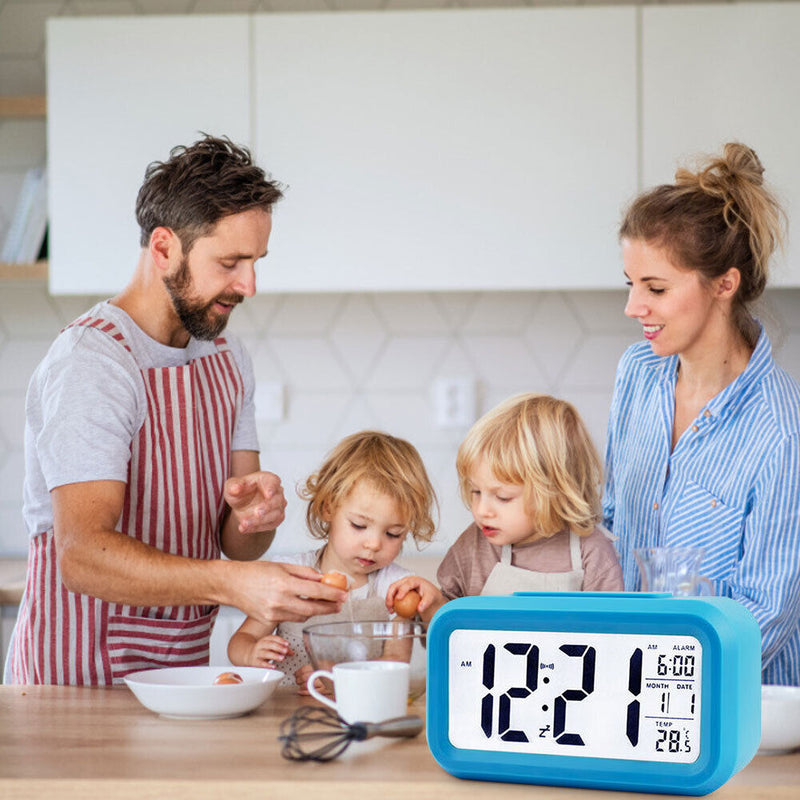 Temperature Alarm Clock LED Digital Backlight Calendar Snooze Clock (Blue)