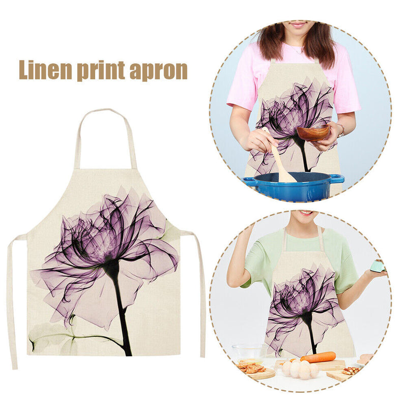 Kitchen Linen Apron Purple Flower Print Home Cooking Baking Bibs Accessories