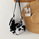 Women Plush Cow Pattern Dumpling Bags Winter Zipper Crossbody Bag (Black)