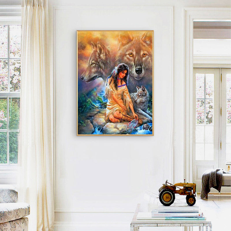 Girl and Wolf Oil Paint By Numbers Kits Canvas Picture Wall Art DIY Craft Color