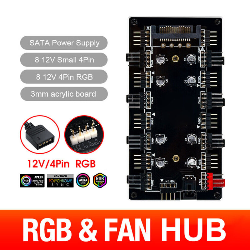 1 To 8 Multi Way RGB PWM HUB 12V/4 Pin for Fan Motherboard (SATA+Shell) Newly