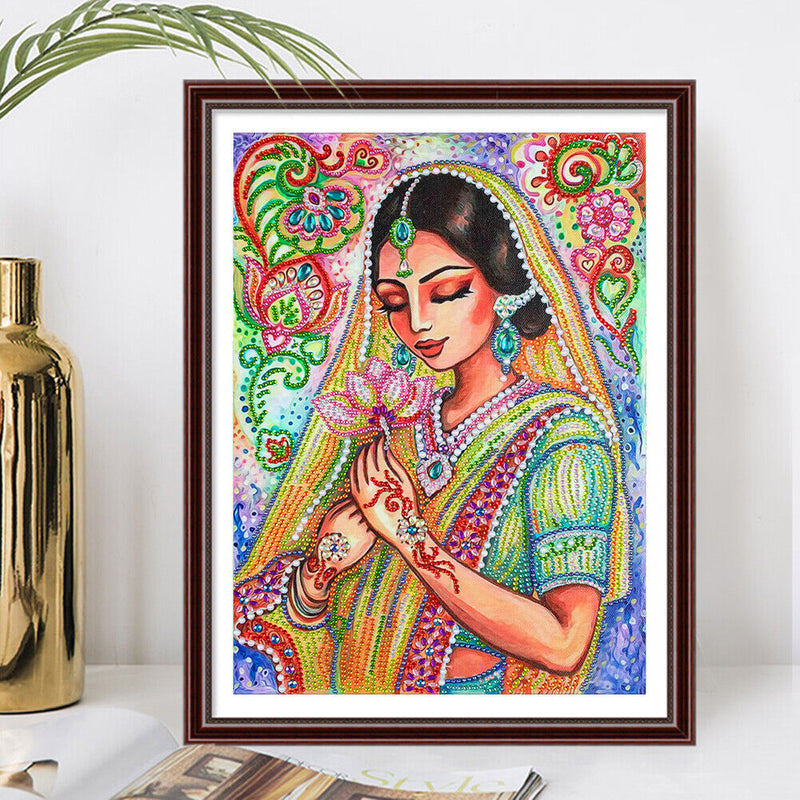 Partial Special Diamond Painting Kit Girl Holding Lotus Rhinestone Picture