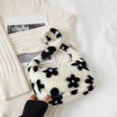 Women Plush Flower Pattern Handbag Lady Winter Warm Small Shoulder Bag