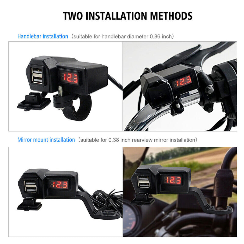 Motorcycle 3.4A Dual USB Charger Handlebar Mirror Power Adapter with Voltme