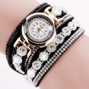 Duoya Leather Bracelet Watch Rhinestone Quartz Bracelet Watch (Black)