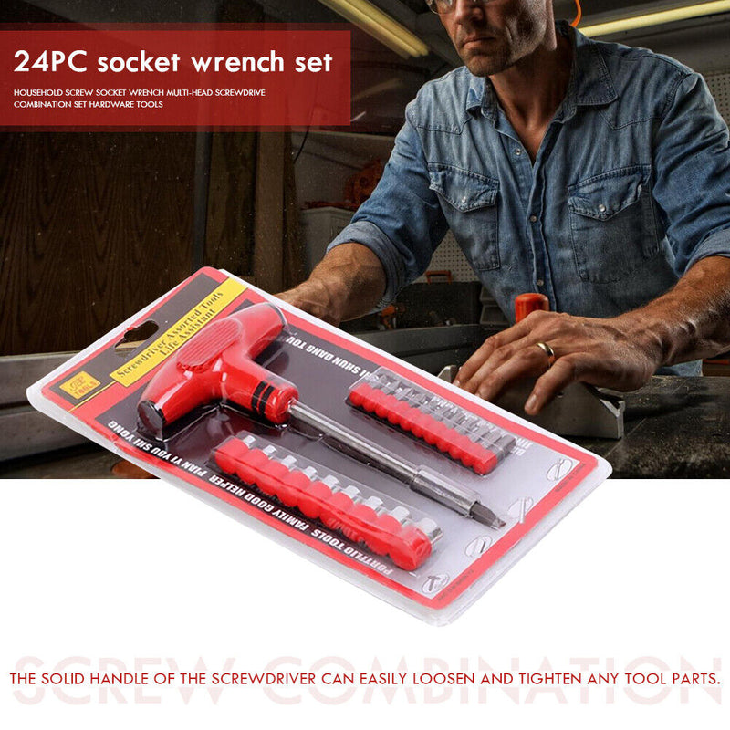 24pcs T-Handle Screwdriver Set Bits with Hex Head Drill Head Kit w/Sockets Newly