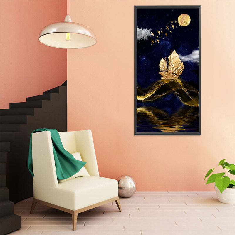 5D Diamond Painting Kit Golden Sailboat Full Round Drill Rhinestone DIY Wall Art