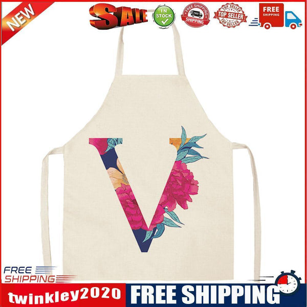 Flower V Printed Linen Apron Waterproof Kitchen Cooking Bibs (82X68CM)