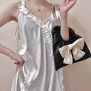 Fashion Women Casual Pleated PU Contrast Color Bowknot Small Tote Purse Handbags