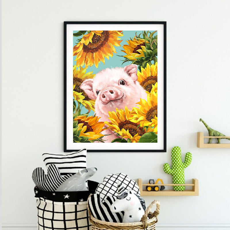 Full Drill Round Rhinestone Picture DIY 5D Mosaic Pig in Sunflower Painting Kit
