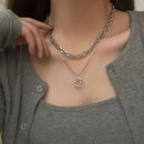 Stainless Steel Multilayer Necklace Square Pendant Double Layer Long Link Chain