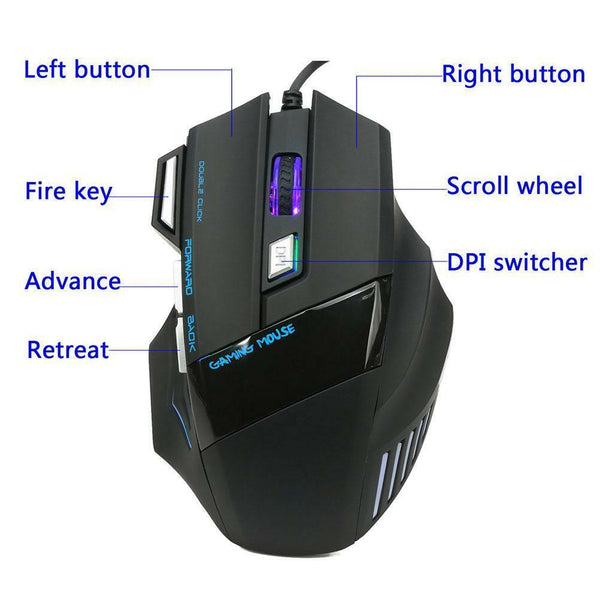 USB Wired Gaming Mouse 7 Buttons 5500DPI Adjustable LED Backlit for PC Laptop