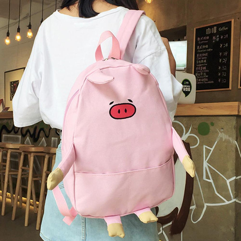 Women Canvas Lovely Cartoon Pig Shape Causal Backpack Shoulder Bag(Pink)