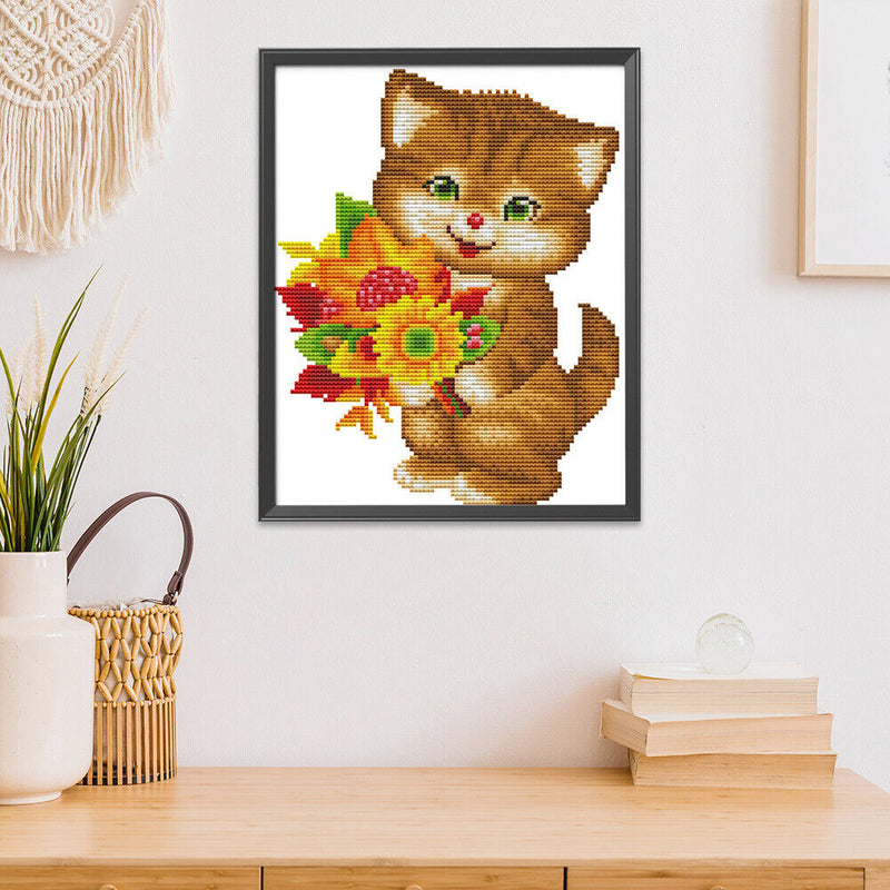 14CT Counted Cross Stitch Kits DIY Sunflower Cat Embroidery Home Needlework