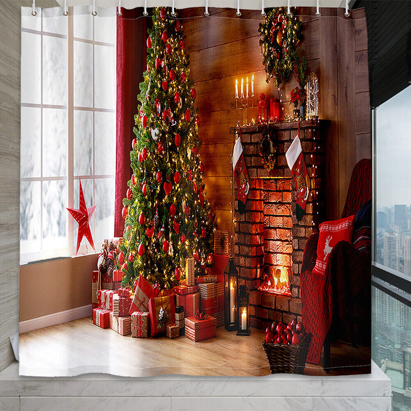 Christmas Tree Gift Printed Shower Curtain Waterproof Hook Hanging Bath Cover