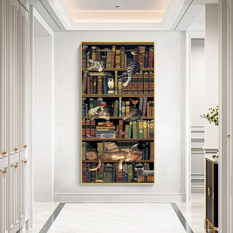 Frameless Oil Paint By Numbers DIY Bookshelf Cat Picture Craft Kit for Home
