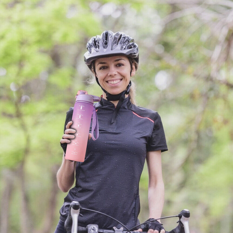 1000ml Sports Water Bottle with Time Marker Outdoor Fitness Cups (Purple) Newly