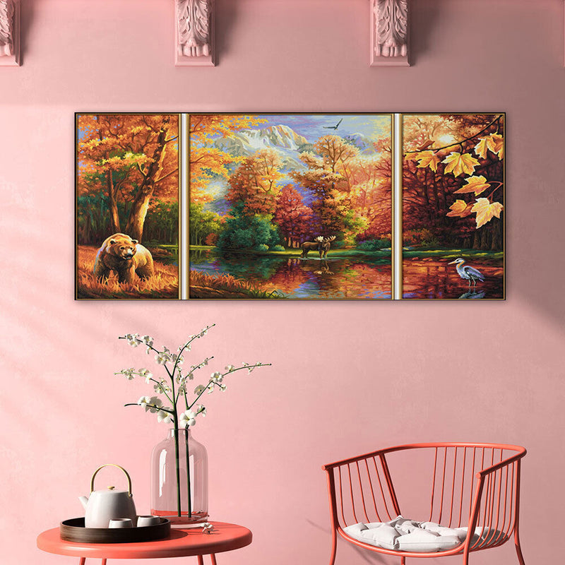3 Panels Fall Forest Animals Oil Paint By Numbers Kits DIY Handpainted on Canvas