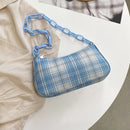 Retro Women Plaid Print Underarm Bag Casual Acrylic Chain Handbag (Blue)