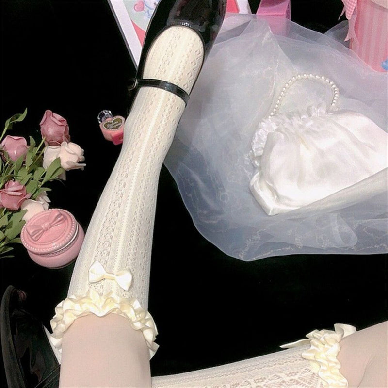 Elastic Maid Girl Gift Knee High Lace Bow Socks Transparent Lolita Socks