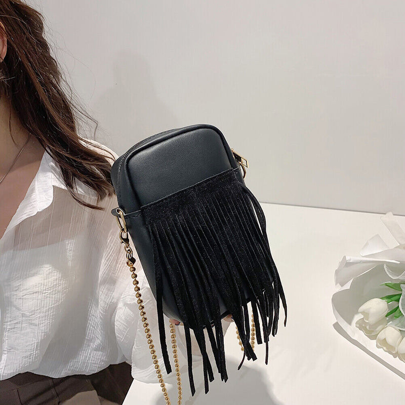 #A Fashion PU Mobile Phone Bag Tassels Designer Women Leather Crossbody Handbags