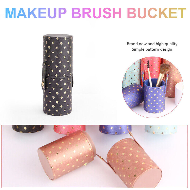 PU Leather Stars Printing Makeup Brush Holder Portable Cosmetic Cup (Black)