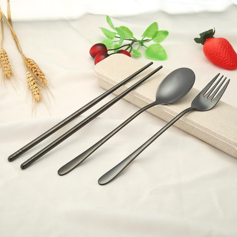4pcs Stainless Steel Tableware Set Spoon Fork Chopsticks Gifts (Black) Newly