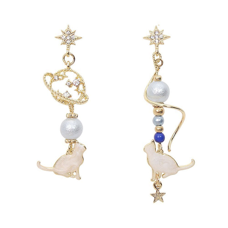 Elegant Jewelry Sweet Starlight Asymmetric Earrings Cute Cat Rhinestone Tassel