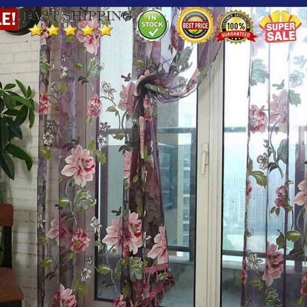 Window Curtain Flower Print Sheer Pattern Voile Valances Wine 100x200cm