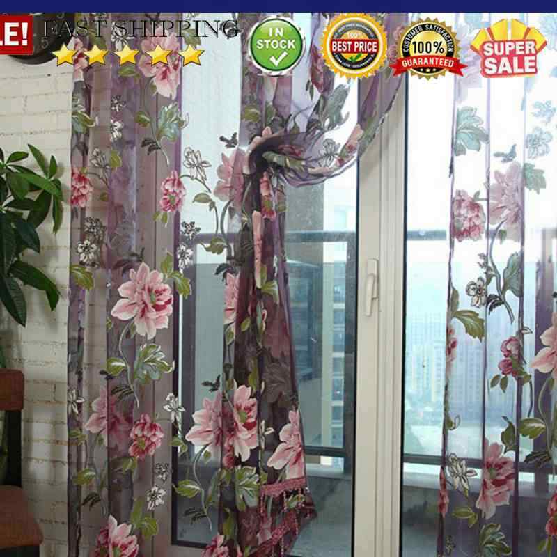 Window Curtain Flower Print Sheer Pattern Voile Valances Wine 100x200cm