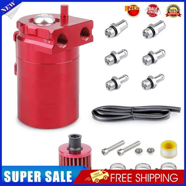 Baffled Car Oil Trap Catch Can Set with Air Filter Hose Fuel Tank Kit (Red)