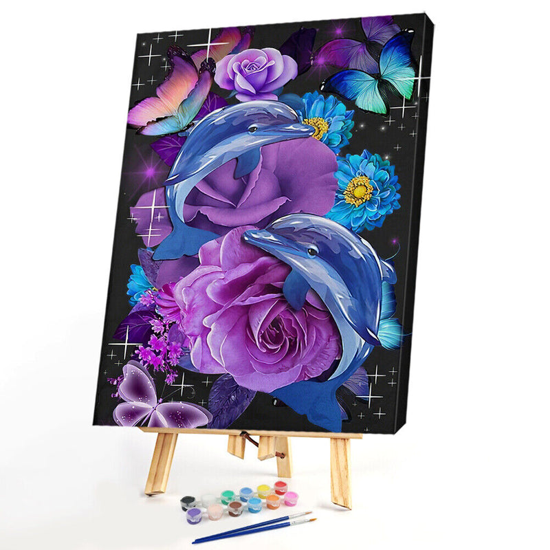 Oil Painting By Number Dolphin Flowers Digital Picture Home Wall Decor for Gift