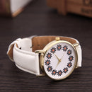 Women Lovely Flowers Printed Leather Belt Quartz Strap Student Watch(White)